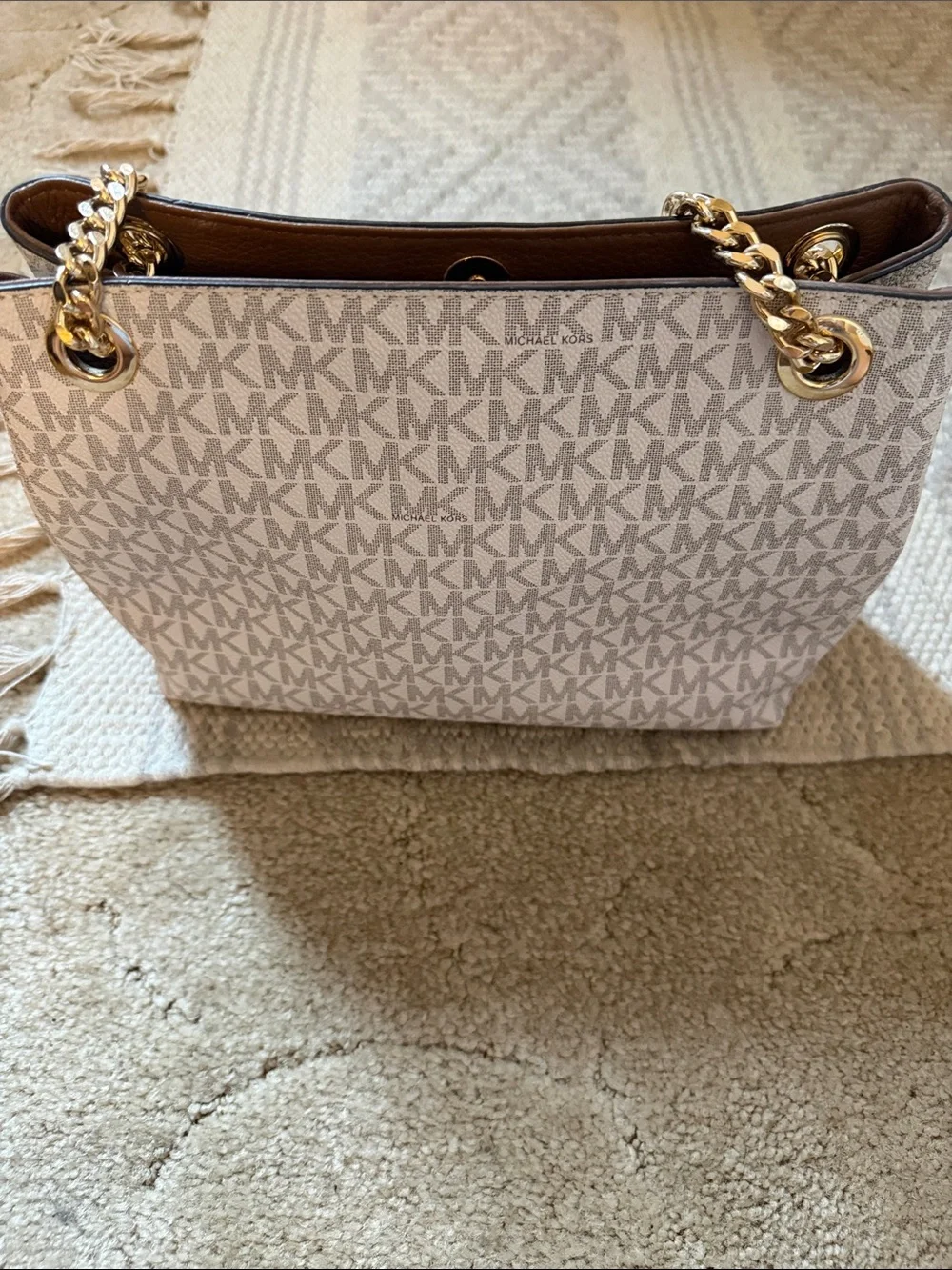 Michael Kors White MK Signature Shoulder Bag with Gold Chain